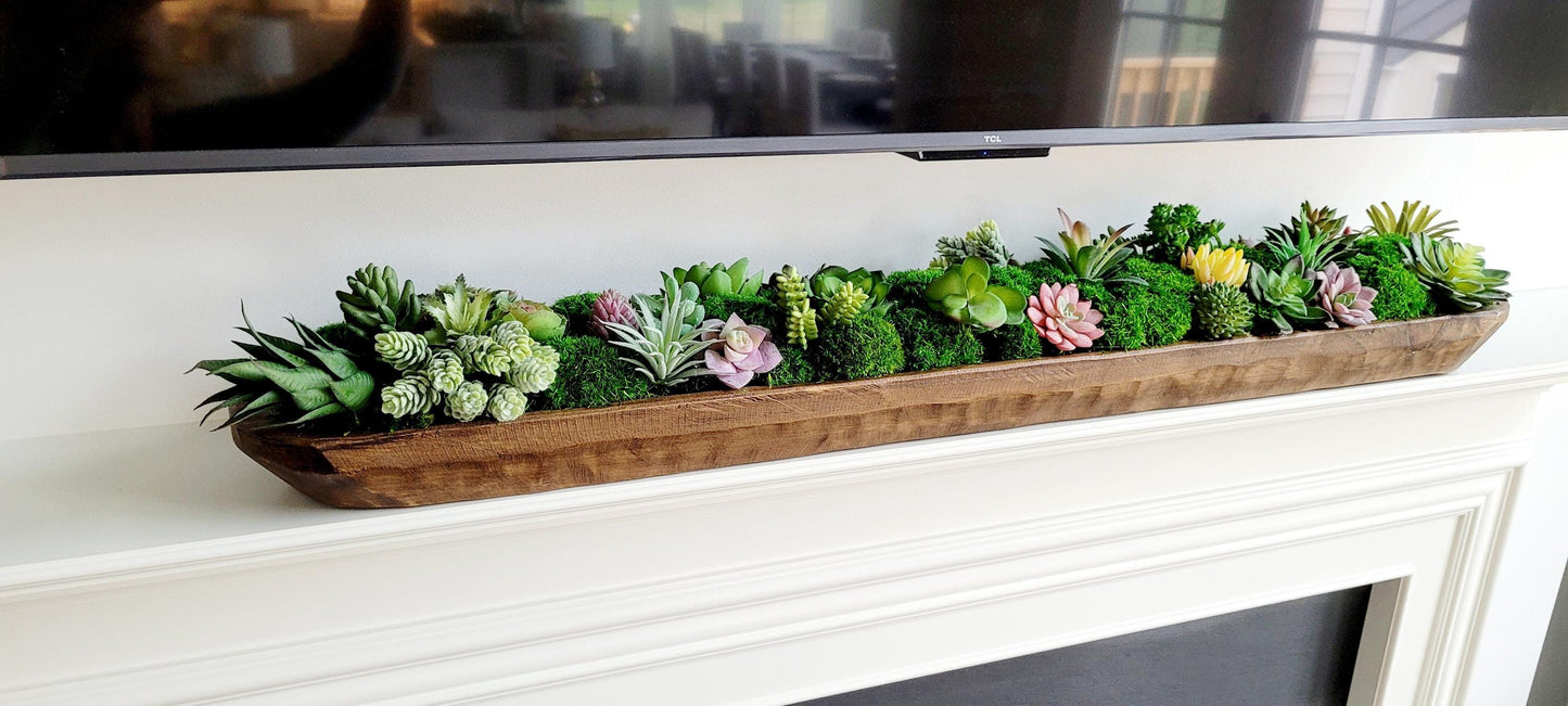 Farmhouse Table Centerpiece – Artificial Succulent in Wooden Dough Bowl