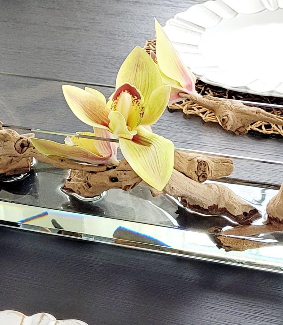 Rectangular Glass Vase Artificial Orchid Centerpiece Yellow Green Silk Flower Arrangement Natural Driftwood Stone Accents Modern Table Styling Dining Room Coffee Table Console Entryway Display Contemporary Home Botanical Collection