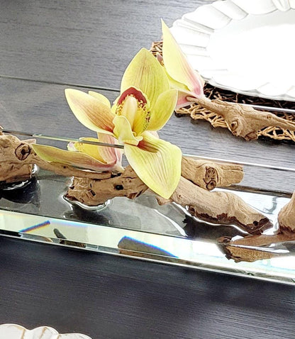 Rectangular Glass Vase Artificial Orchid Centerpiece Yellow Green Silk Flower Arrangement Natural Driftwood Stone Accents Modern Table Styling Dining Room Coffee Table Console Entryway Display Contemporary Home Botanical Collection