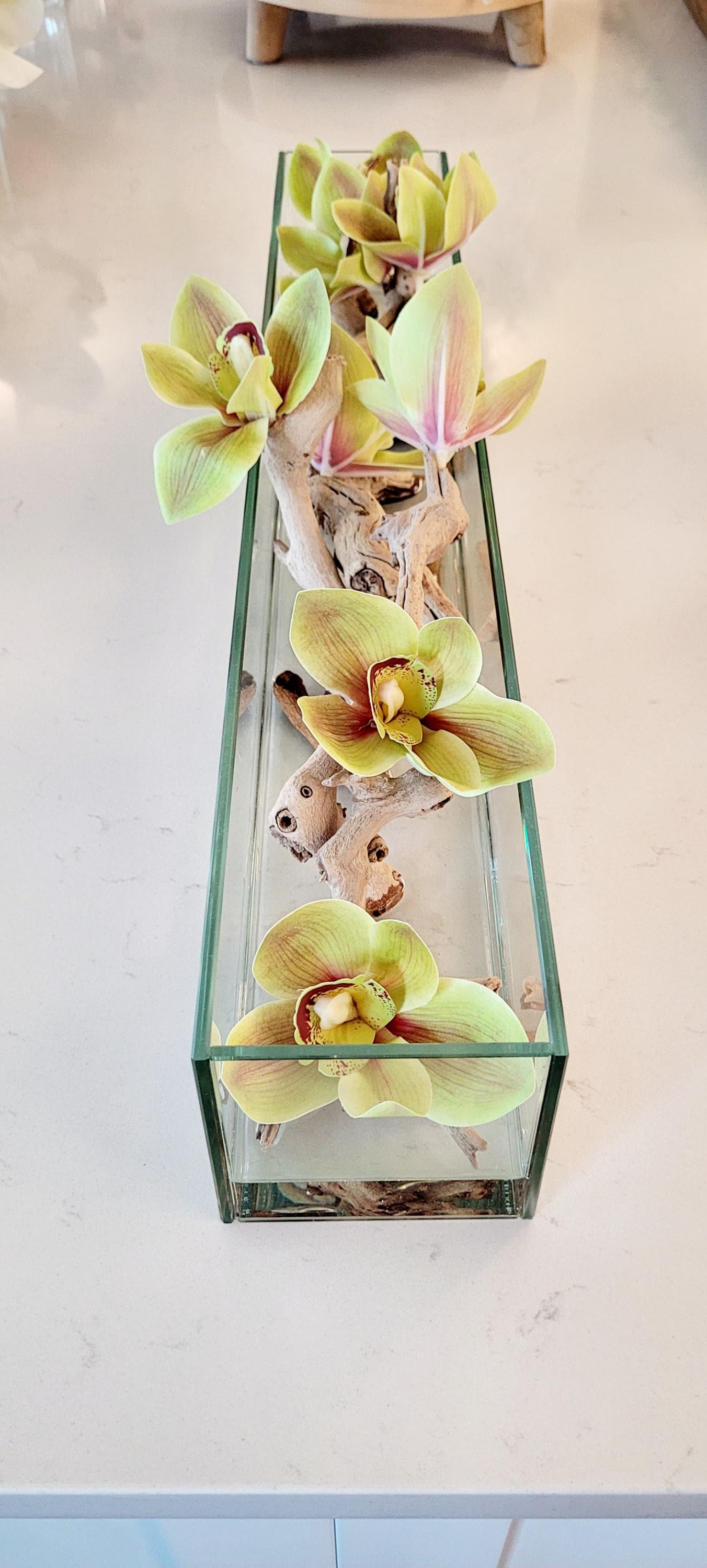 Artificial Orchid Centerpiece – Modern Glass Vase with Resin