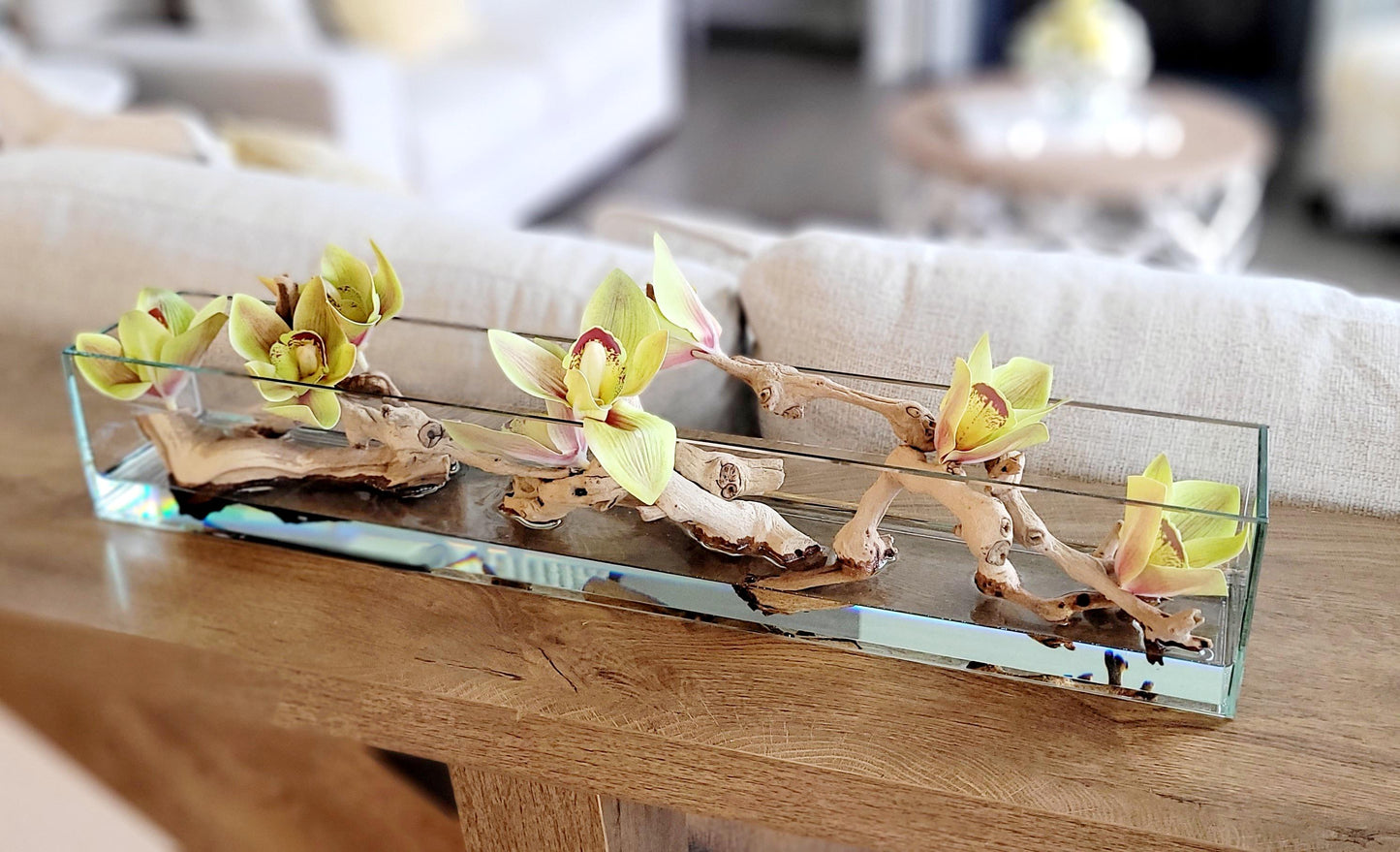 Artificial Orchid Centerpiece – Modern Glass Vase with Resin