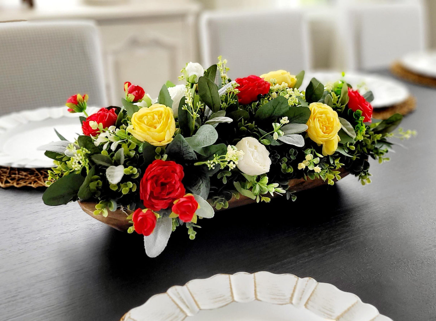 Artificial Flower Centerpiece Silk Peony Arrangement Wooden Bowl Display Farmhouse Dining Table Accent Rustic Kitchen Island Styling Faux Floral Collection Hand Carved Natural Wood Finish Premium Silk Flowers Year Round Home Styling Mantle