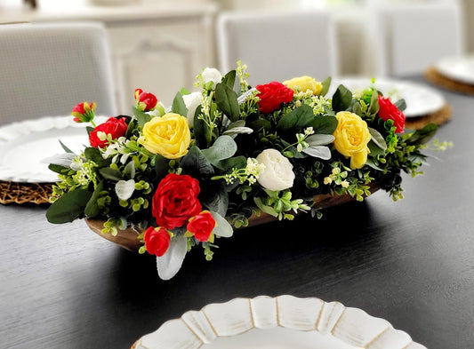 Artificial Flower Centerpiece Silk Peony Arrangement Wooden Bowl Display Farmhouse Dining Table Accent Rustic Kitchen Island Styling Faux Floral Collection Hand Carved Natural Wood Finish Premium Silk Flowers Year Round Home Styling Mantle