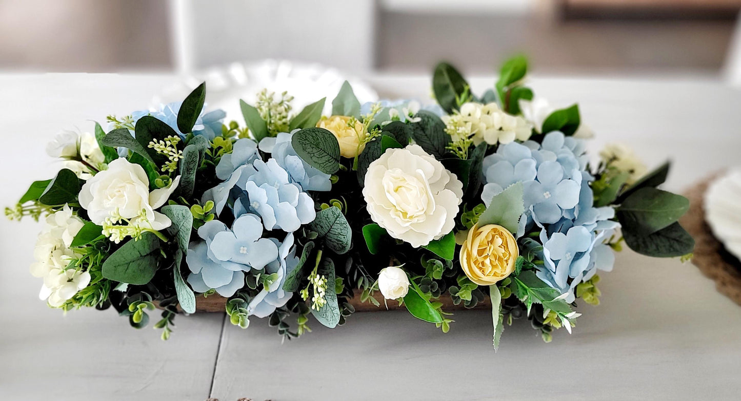 Farmhouse Table Centerpiece – Dough Bowl with Artificial Peonies