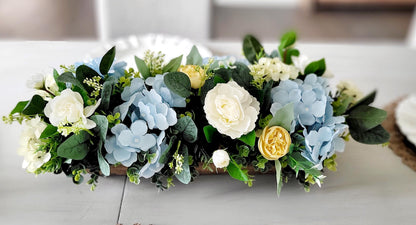 Farmhouse Table Centerpiece – Dough Bowl with Artificial Peonies