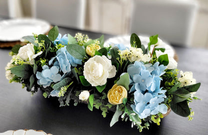 Farmhouse Table Centerpiece – Dough Bowl with Artificial Peonies