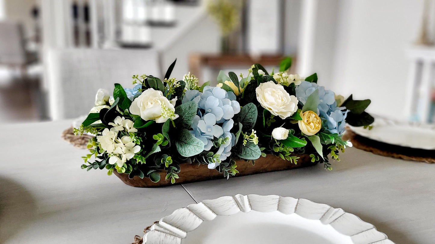 Natural Wood Slice Floral Centerpiece Rustic Farmhouse Arrangement Artificial Roses Hydrangeas Ranunculus Mixed Greenery Display Perfect Dining Room Table Coffee Table Styling Country Cottage Home Beautiful Neutral Color Scheme Maintenance