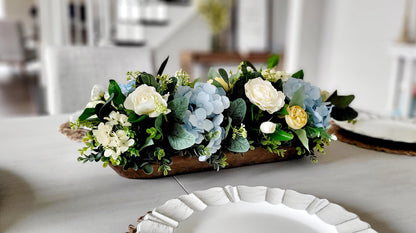 Natural Wood Slice Floral Centerpiece Rustic Farmhouse Arrangement Artificial Roses Hydrangeas Ranunculus Mixed Greenery Display Perfect Dining Room Table Coffee Table Styling Country Cottage Home Beautiful Neutral Color Scheme Maintenance