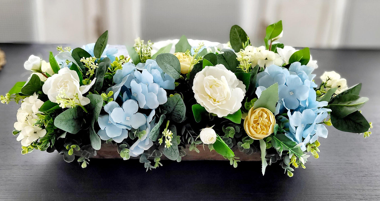 Farmhouse Table Centerpiece – Dough Bowl with Artificial Peonies