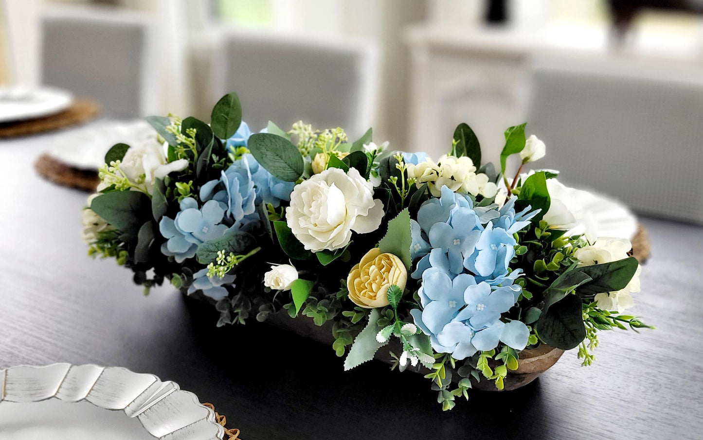 Farmhouse Table Centerpiece – Dough Bowl with Artificial Peonies