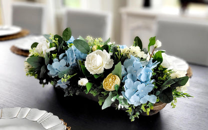 Farmhouse Table Centerpiece – Dough Bowl with Artificial Peonies
