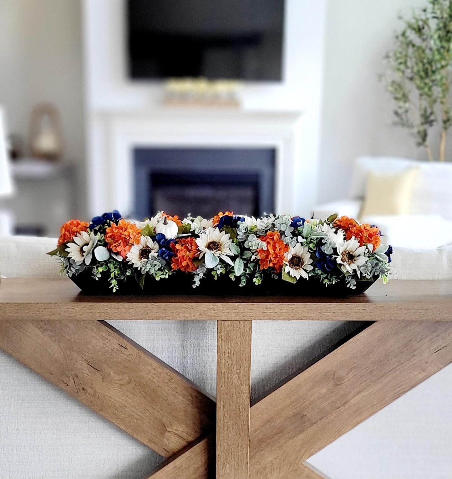 Farmhouse Fall Display Rustic Autumn Centerpiece Sunflower Arrangement Thanksgiving Table Dining Room Harvest Season Styling Artificial Florals Mixed Autumn Colors Orange Cream Navy White Flowers Dough Bowl Container Perfect Hostess Gift