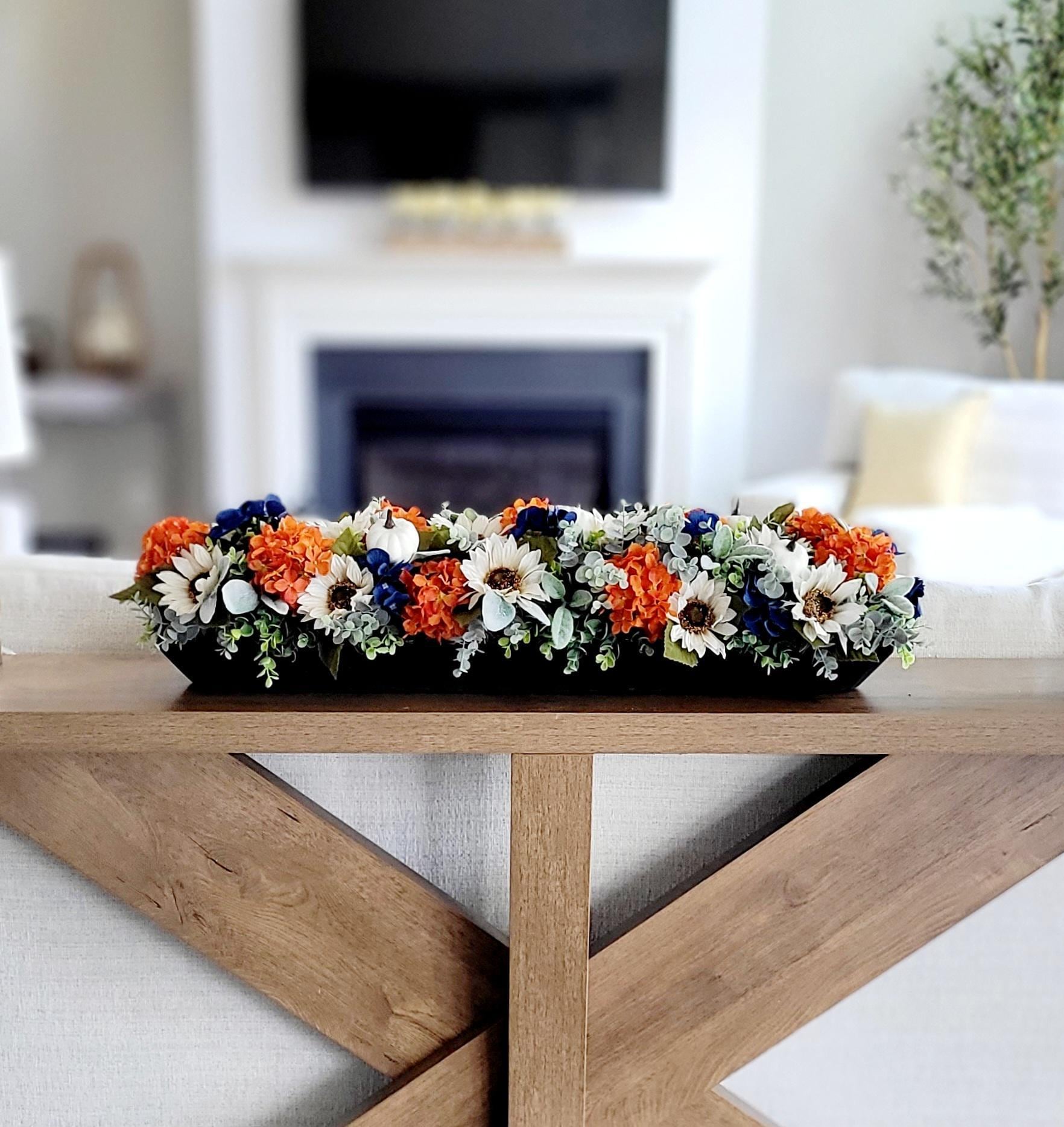 Farmhouse Fall Display Rustic Autumn Centerpiece Sunflower Arrangement Thanksgiving Table Dining Room Harvest Season Styling Artificial Florals Mixed Autumn Colors Orange Cream Navy White Flowers Dough Bowl Container Perfect Hostess Gift