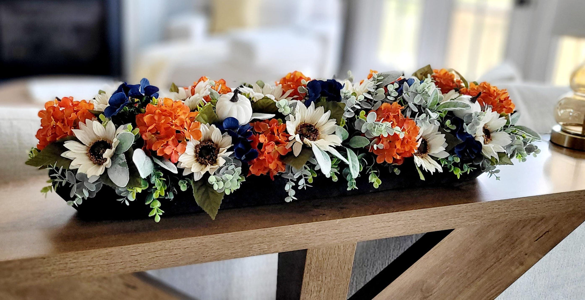 Autumn Dining Table Centerpiece Fall Sunflower Arrangement Thanksgiving Display Rustic Harvest Farmhouse Styling Artificial Flowers Mixed Orange Cream Navy Blue White Autumn Colors Dough Bowl Container Ready Made Fall Centerpiece Seasonal