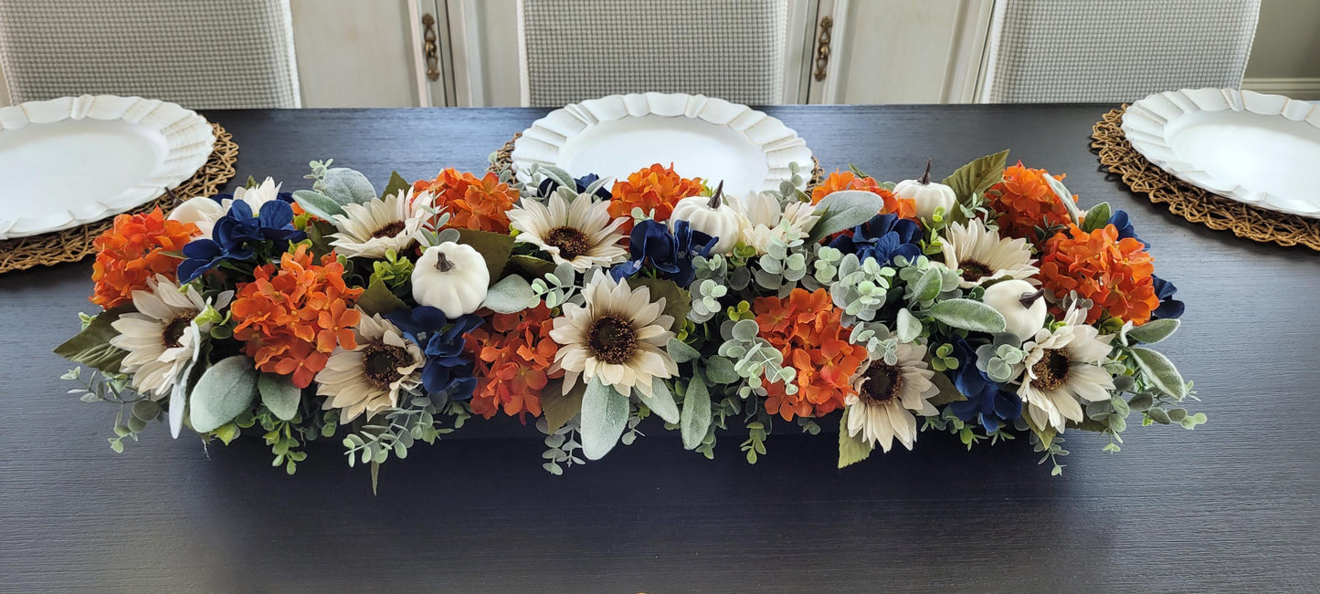 Sunflower Arrangement Fall Centerpiece Dough Bowl Display Thanksgiving Table Setting Pumpkin Lambs Ear Floral Collection Farmhouse Rustic Autumn Home Styling Hand Carved Wood Bowl Glass Candle Holder Harvest Dining Room Accent Hostess Gift