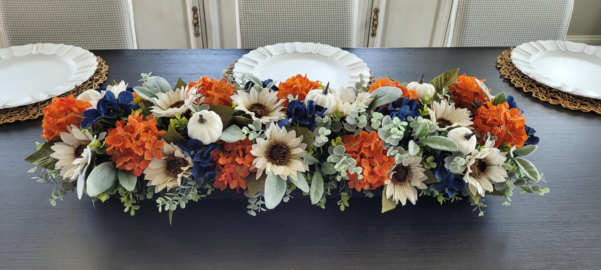 Sunflower Arrangement Fall Centerpiece Dough Bowl Display Thanksgiving Table Setting Pumpkin Lambs Ear Floral Collection Farmhouse Rustic Autumn Home Styling Hand Carved Wood Bowl Glass Candle Holder Harvest Dining Room Accent Hostess Gift