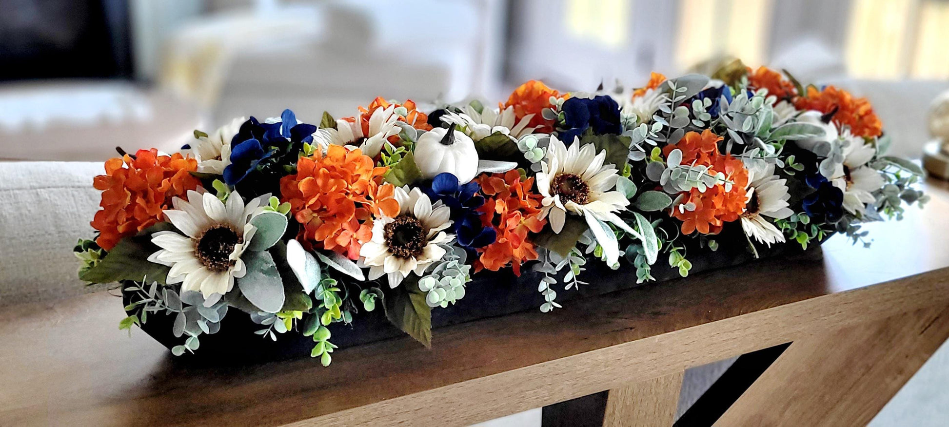 Thanksgiving Table Centerpiece Fall Dough Bowl Arrangement Ready To Ship Farmhouse Rustic Autumn Display Sunflower Pumpkin Lambs Ear Collection Hand Carved Wood Bowl Glass Candle Holder Harvest Season Dining Room Styling Hostess Gift