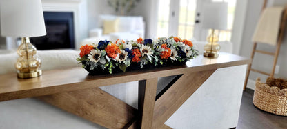 Fall Table Centerpiece Sunflower Arrangement Thanksgiving Dining Display Rustic Farmhouse Harvest Season Artificial Flowers Autumn Colors Orange Cream Navy Blue White Mixed Florals Dough Bowl Container Perfect Thanksgiving Table Styling