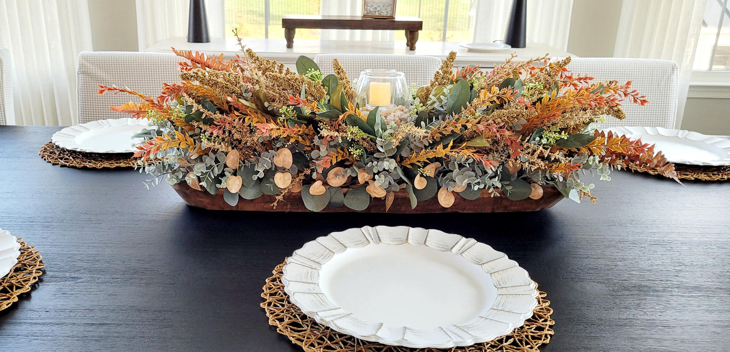 Fall Table Centerpiece – 30" Wooden Bowl with Dried Flowers & Candle