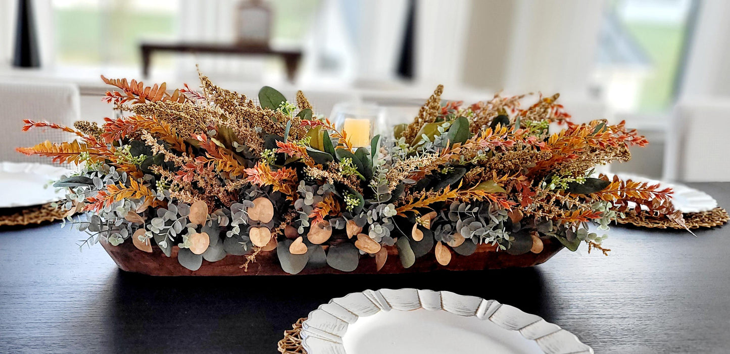 Fall Table Centerpiece – 30" Wooden Bowl with Dried Flowers & Candle