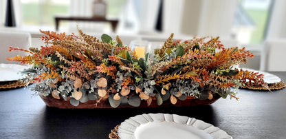 Fall Table Centerpiece – 30" Wooden Bowl with Dried Flowers & Candle