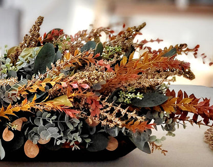 Fall Table Centerpiece – 30" Wooden Bowl with Dried Flowers & Candle