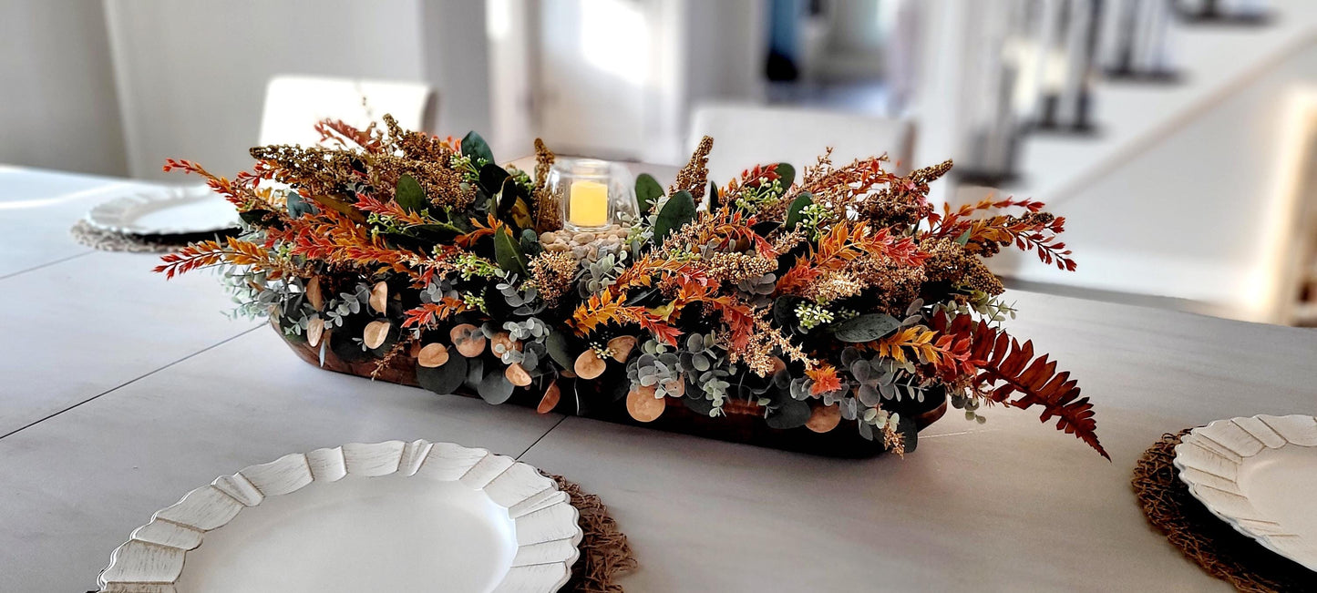 Fall Table Centerpiece Wooden Bowl Arrangement Dried Flowers Eucalyptus Display Thanksgiving Dining Room Decoration Rustic Farmhouse Style Autumn Harvest Home Accent Seasonal Mantel Console Table Decor Ready To Display Battery Operated