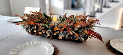 Fall Table Centerpiece Wooden Bowl Arrangement Dried Flowers Eucalyptus Display Thanksgiving Dining Room Decoration Rustic Farmhouse Style Autumn Harvest Home Accent Seasonal Mantel Console Table Decor Ready To Display Battery Operated