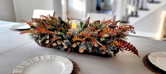 Fall Table Centerpiece Wooden Bowl Arrangement Dried Flowers Eucalyptus Display Thanksgiving Dining Room Decoration Rustic Farmhouse Style Autumn Harvest Home Accent Seasonal Mantel Console Table Decor Ready To Display Battery Operated