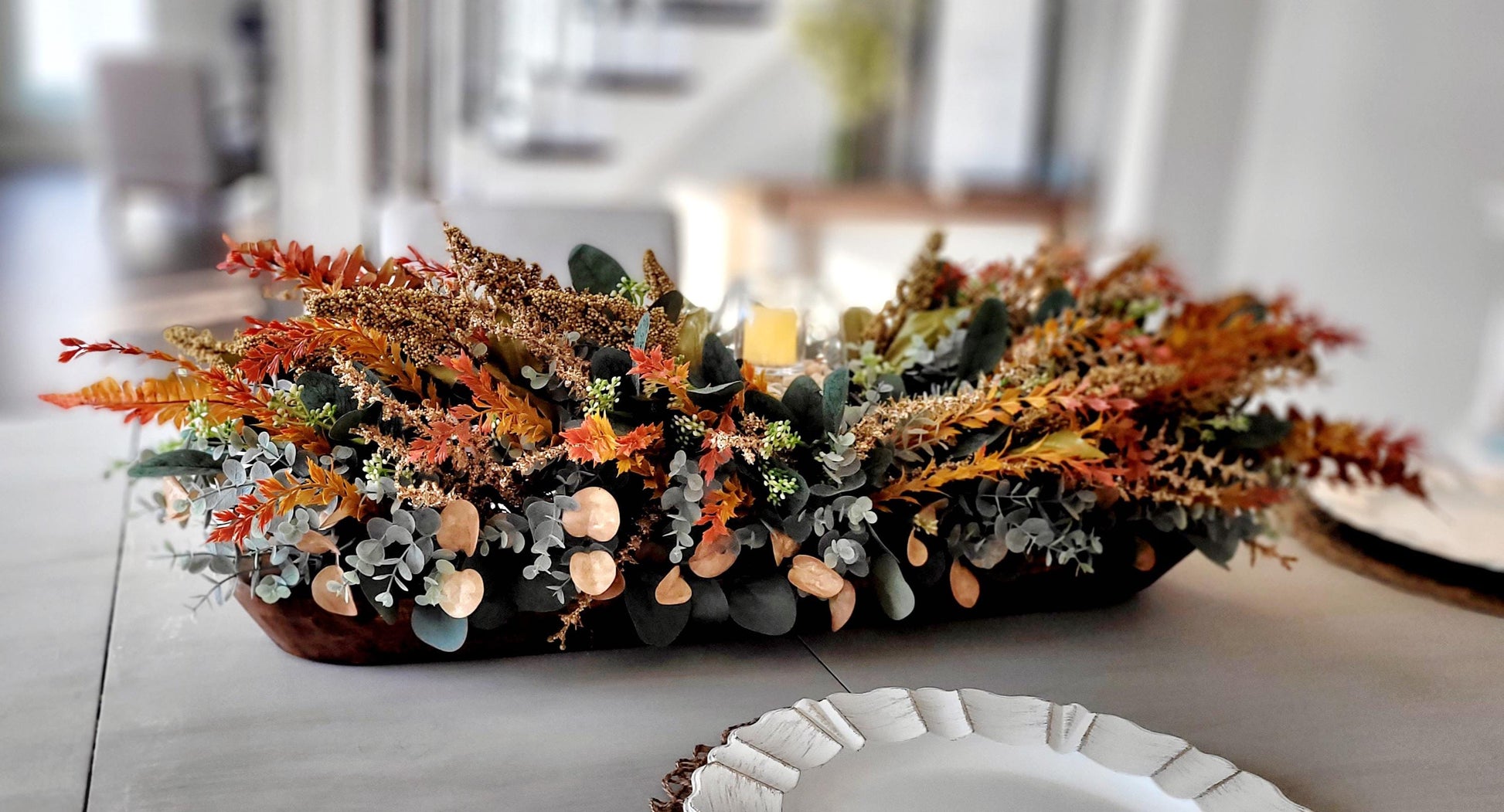 Autumn Harvest Centerpiece Rustic Wooden Bowl Display Fall Dining Table Decoration Dried Flowers Eucalyptus Arrangement Thanksgiving Seasonal Home Accent Farmhouse Style Mantel Console Decor Natural Botanical Elements Preserved Foliage