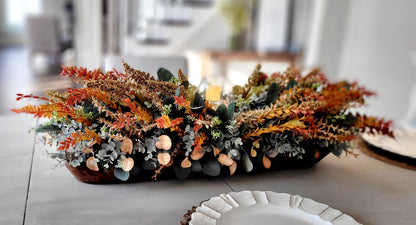 Autumn Harvest Centerpiece Rustic Wooden Bowl Display Fall Dining Table Decoration Dried Flowers Eucalyptus Arrangement Thanksgiving Seasonal Home Accent Farmhouse Style Mantel Console Decor Natural Botanical Elements Preserved Foliage