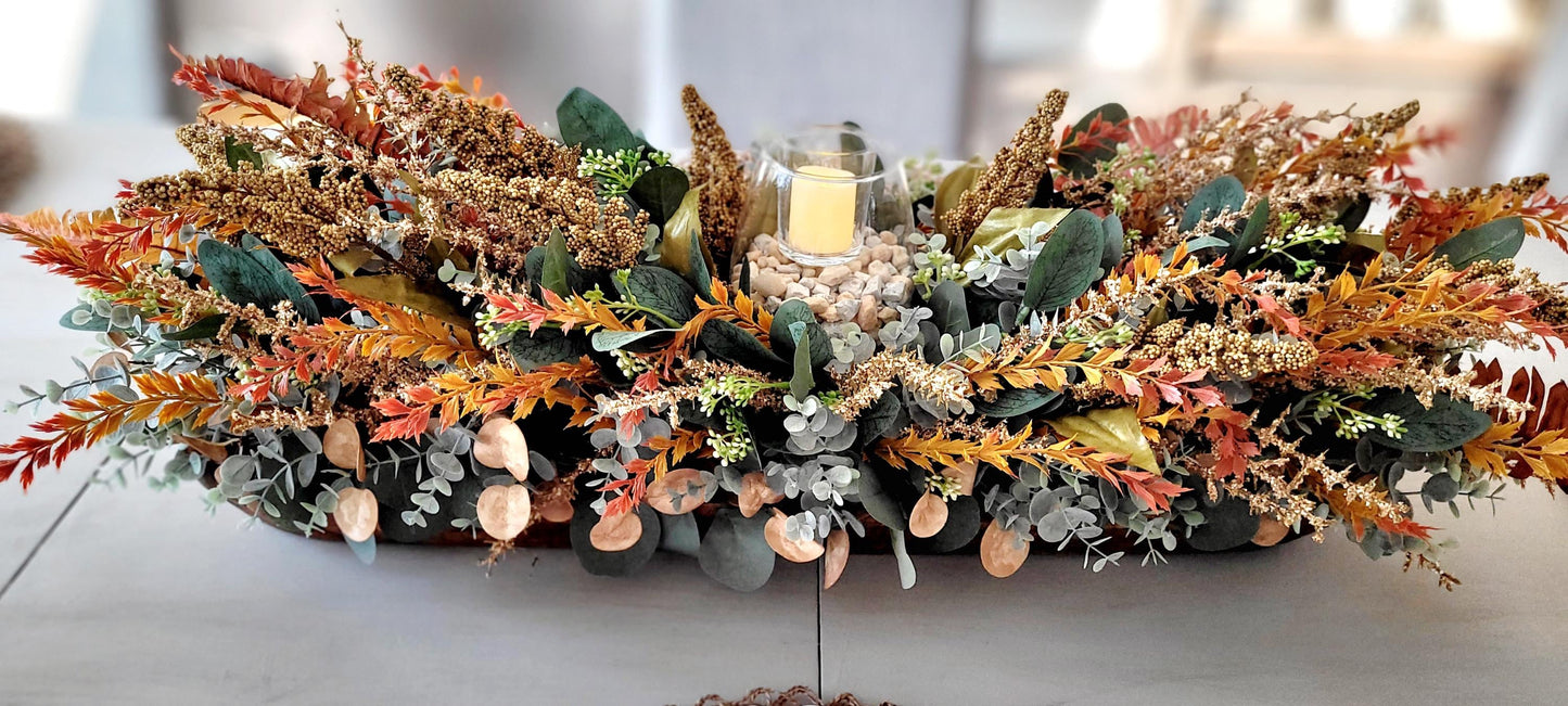Fall Table Centerpiece – 30" Wooden Bowl with Dried Flowers & Candle