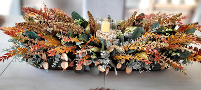Fall Table Centerpiece – 30" Wooden Bowl with Dried Flowers & Candle