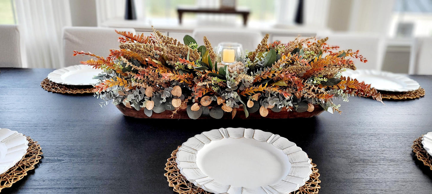Fall Table Centerpiece – 30" Wooden Bowl with Dried Flowers & Candle