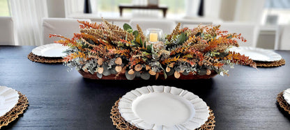 Fall Table Centerpiece – 30" Wooden Bowl with Dried Flowers & Candle