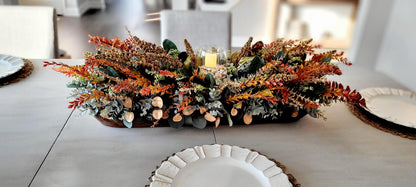 Fall Table Centerpiece – 30" Wooden Bowl with Dried Flowers & Candle