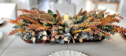 Wooden Bowl Centerpiece Fall Dining Table Arrangement Dried Flower Display Thanksgiving Home Decoration Rustic Autumn Harvest Accent Farmhouse Style Seasonal Decor Eucalyptus Grasses Seed Pods Natural Botanical Collection Battery Candle