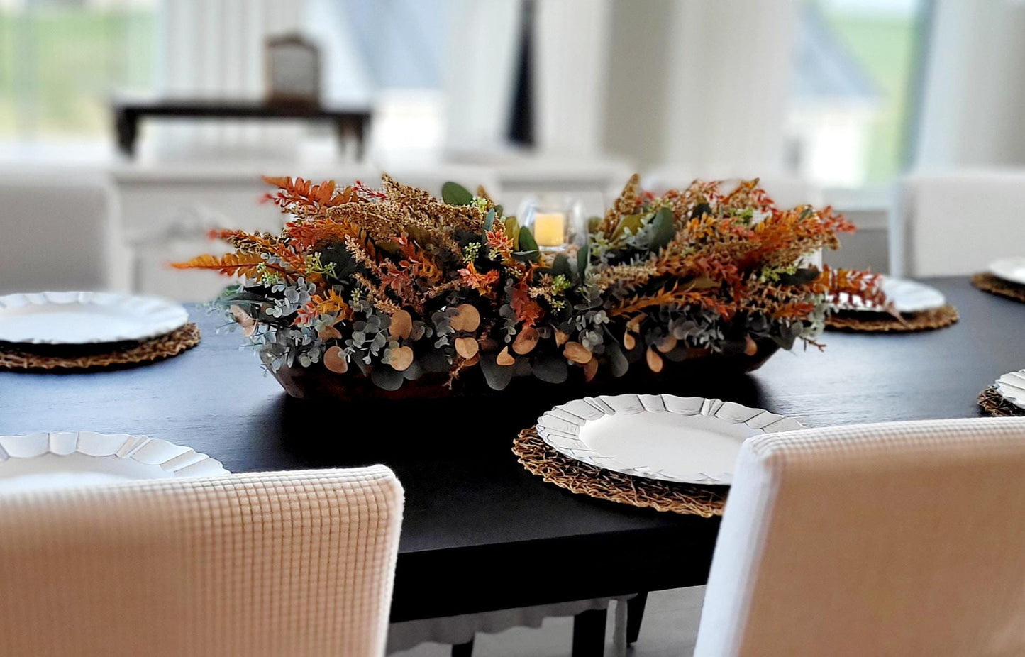 Fall Table Centerpiece – 30" Wooden Bowl with Dried Flowers & Candle