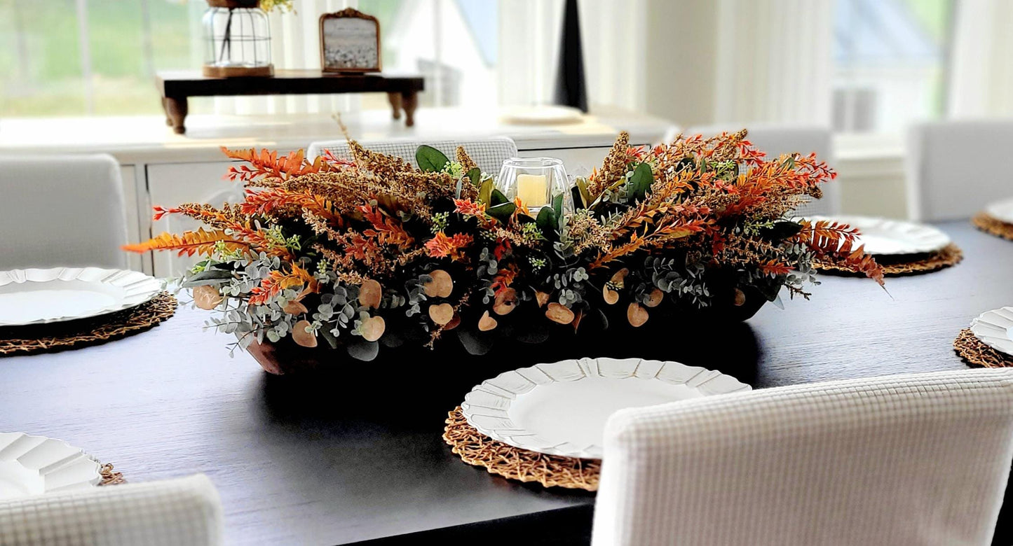 Thanksgiving Centerpiece Wooden Bowl Fall Arrangement Dried Flowers Eucalyptus Display Rustic Dining Table Decoration Autumn Harvest Home Accent Farmhouse Seasonal Style Natural Botanical Collection Preserved Foliage Elements Battery