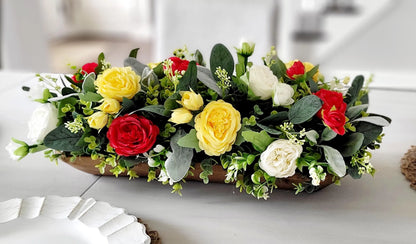 Artificial Flower Centerpiece – Farmhouse Silk Peony Wooden Bowl Display