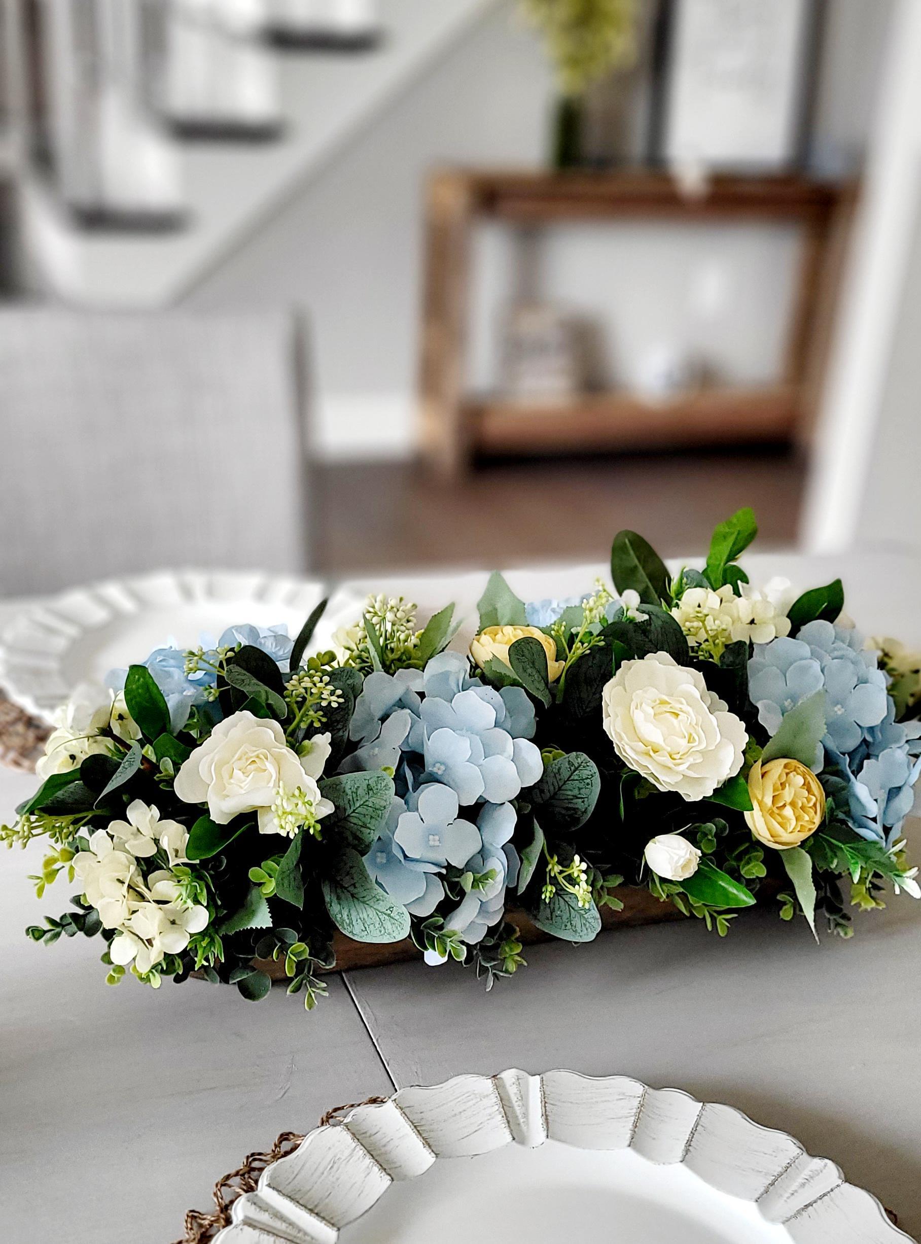 Cream Blue Yellow Floral Centerpiece Rustic Wood Slice Arrangement Farmhouse Style Artificial Roses Hydrangeas Ranunculus Display Perfect Dining Table Coffee Table Mantel Styling Country Cottage Home Beautiful Neutral Color Palette