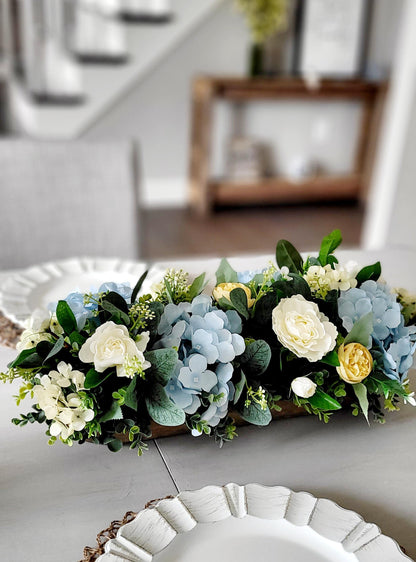 Cream Blue Yellow Floral Centerpiece Rustic Wood Slice Arrangement Farmhouse Style Artificial Roses Hydrangeas Ranunculus Display Perfect Dining Table Coffee Table Mantel Styling Country Cottage Home Beautiful Neutral Color Palette