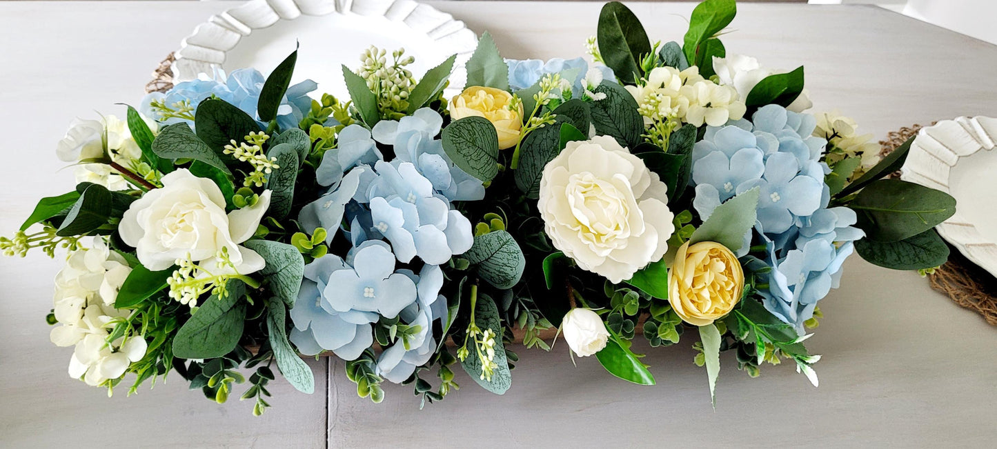 Rustic Centerpiece Farmhouse Style Dough Bowl Arrangement Cream Peonies Silk Flowers Hand Carved Wooden Trencher Dining Room Table Kitchen Island Mantel Display Wedding Reception Styling Greenery Lambs Ear Country Cottage Home Accent
