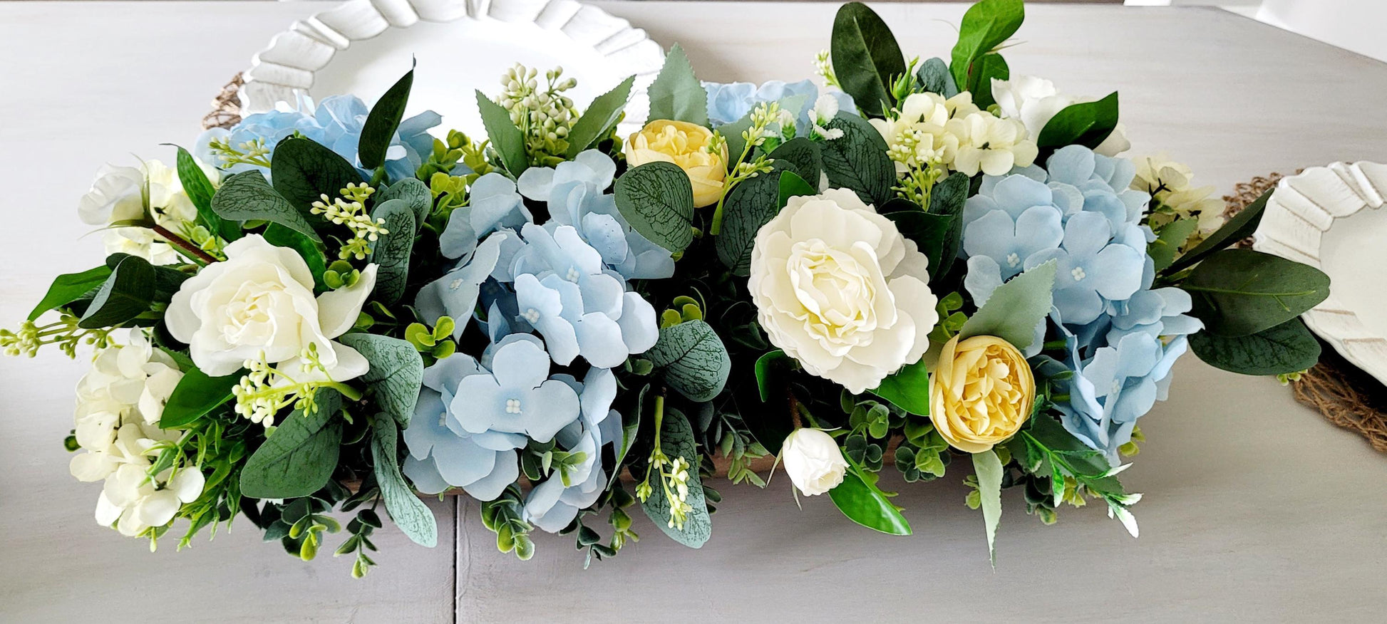 Rustic Centerpiece Farmhouse Style Dough Bowl Arrangement Cream Peonies Silk Flowers Hand Carved Wooden Trencher Dining Room Table Kitchen Island Mantel Display Wedding Reception Styling Greenery Lambs Ear Country Cottage Home Accent