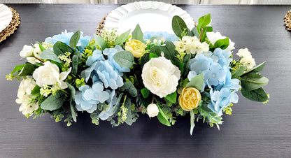 Handmade Wooden Bowl Centerpiece Carved Trencher Farmhouse Table Arrangement Realistic Cream Peony Flowers Silk Greenery Lambs Ear Rustic Dining Kitchen Mantel Display Wedding Reception Tables Country Cottage Style Modern Farmhouse Home