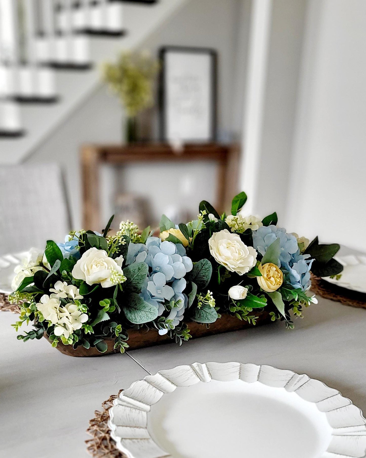 Farmhouse Rustic Centerpiece Arrangement Artificial Floral Display Wood Slice Base Cream White Roses Light Blue Hydrangeas Yellow Ranunculus Mixed Greenery Perfect Dining Table Styling Country Cottage Home Display Everyday Table Arrangement