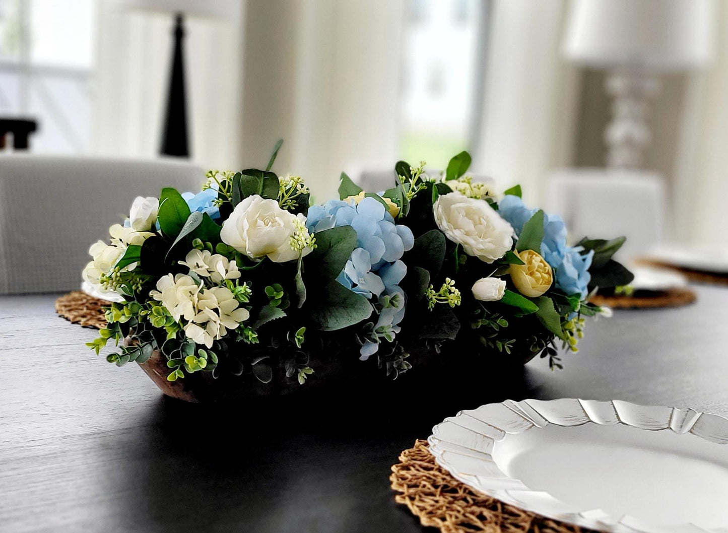 Farmhouse Table Centerpiece – Dough Bowl with Artificial Peonies