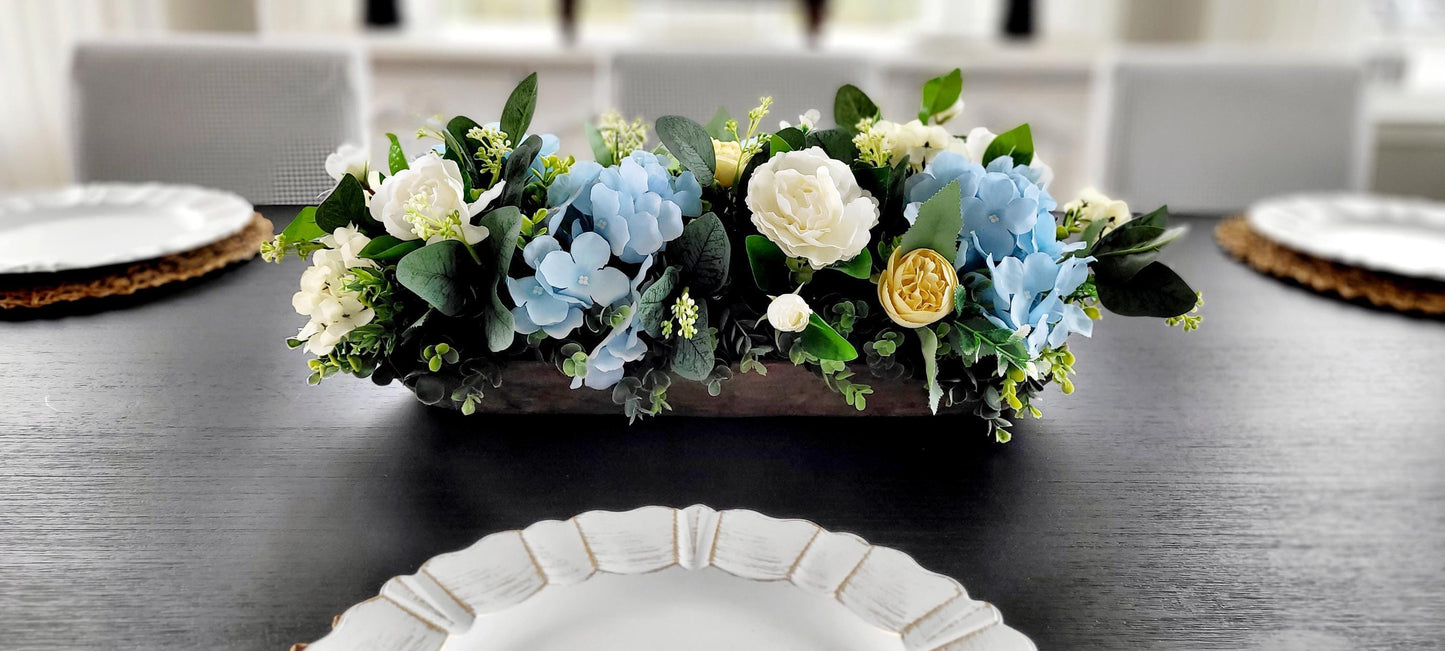 Farmhouse Table Centerpiece – Dough Bowl with Artificial Peonies