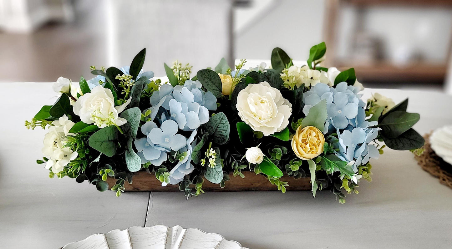 Farmhouse Table Centerpiece – Dough Bowl with Artificial Peonies