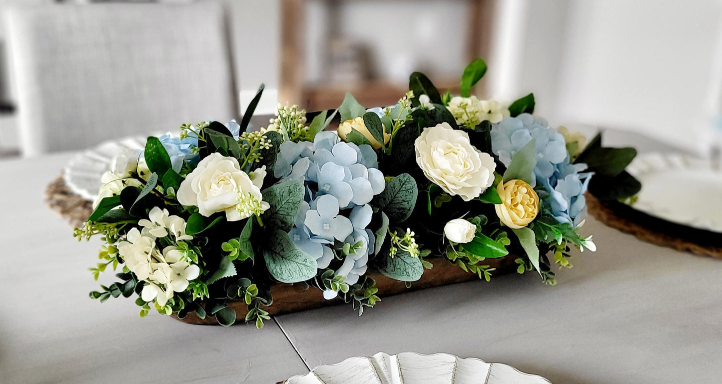 Farmhouse Table Centerpiece – Dough Bowl with Artificial Peonies